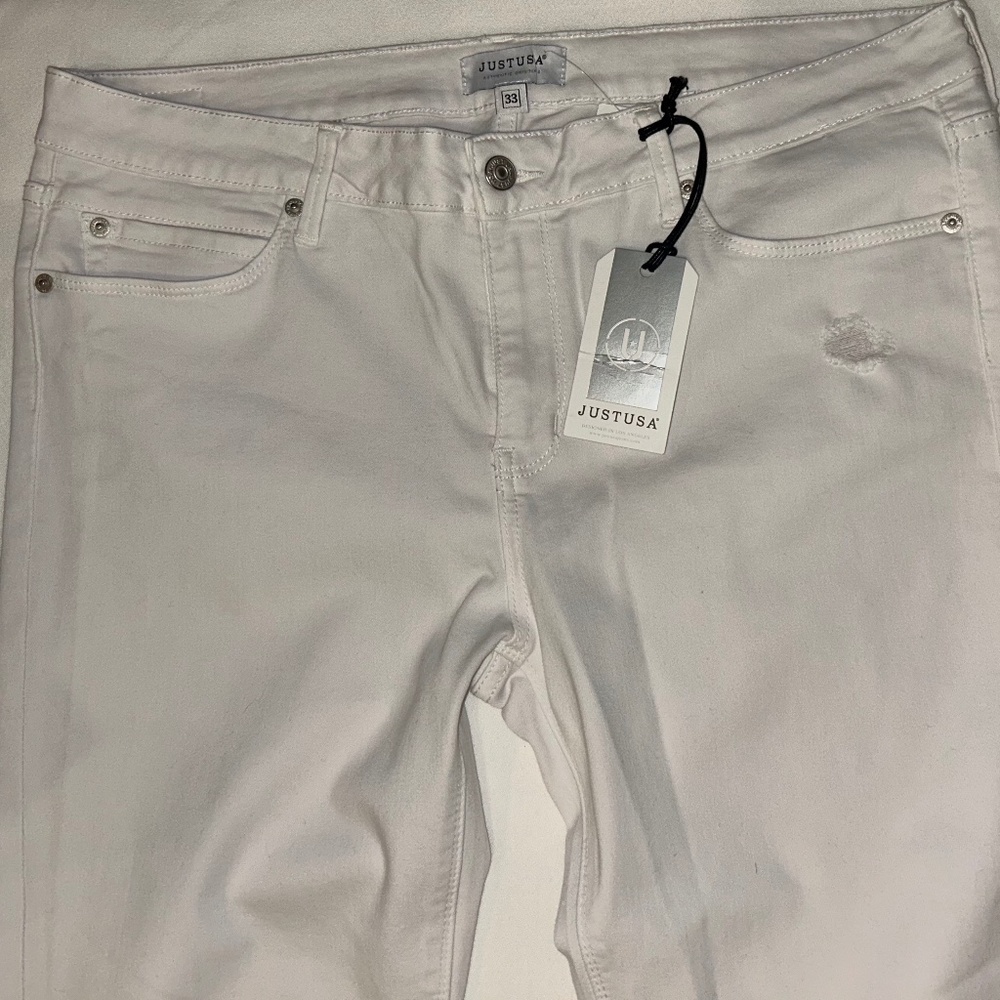 Just USA Teagan Distressed Scissor Hem Skinny Jeans, White, Size 33 (16)